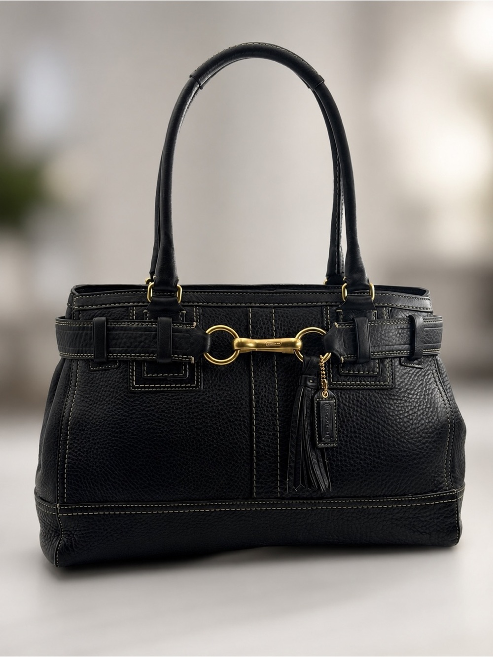 Coach vintage hampton Carryall in Black Leather Shoulder Tote with Gold Horsebit